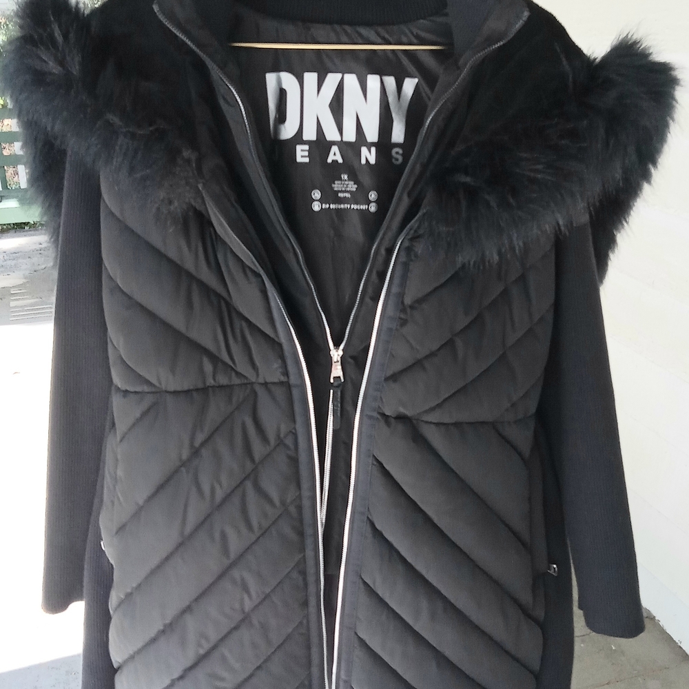 DKNY Black Puffer Jacket with Fur Trim - Picture 2 of 8